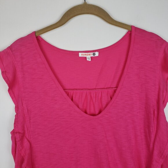 Sundry Flutter Sleeve Top Magenta Pink Pima Cotton Double Ruffle Size 2/Medium - Picture 3 of 7